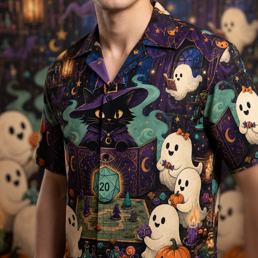 Halloween Wizard Cat Hawaiian Shirt - Spooky RPG Game Night