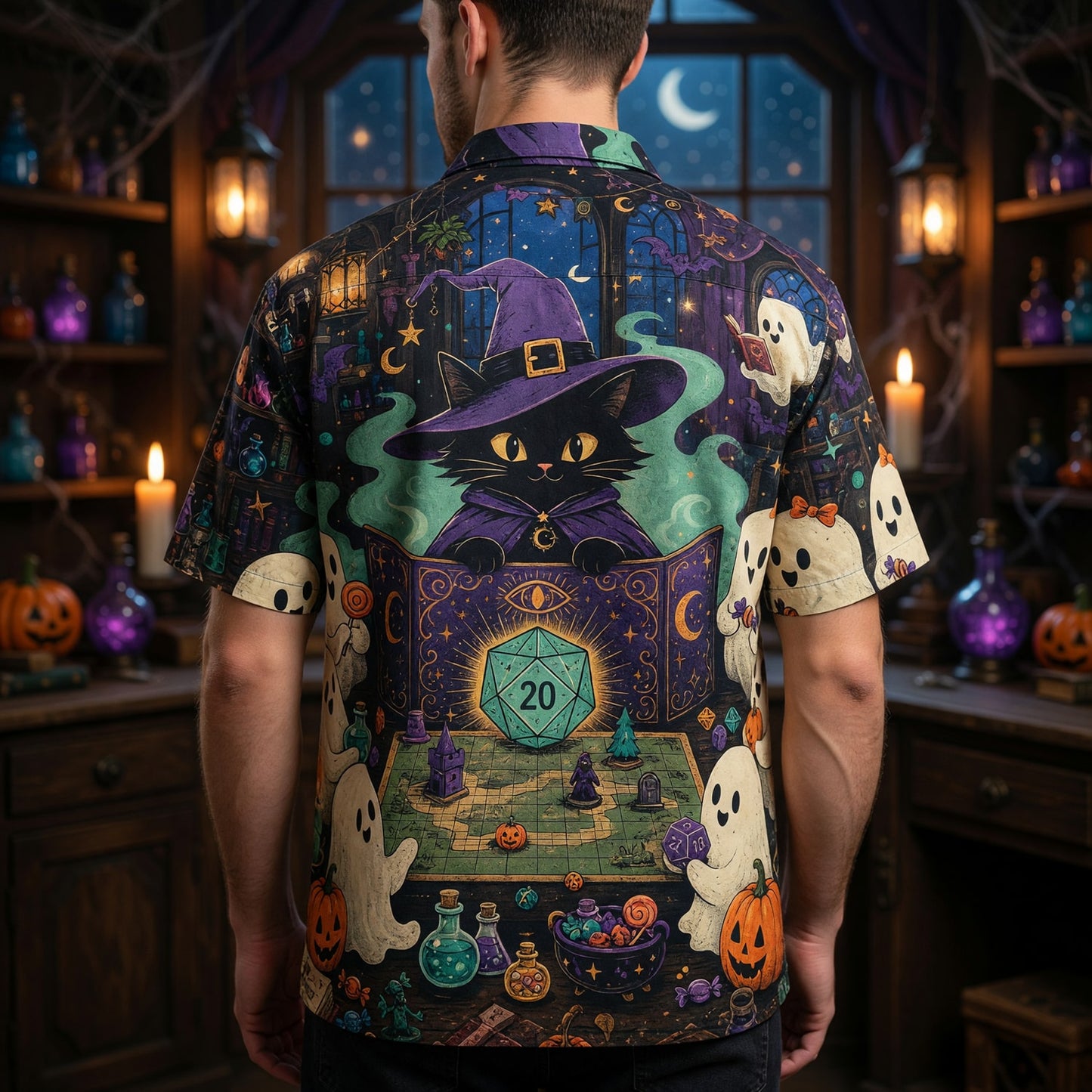 Halloween Wizard Cat Hawaiian Shirt - Spooky RPG Game Night