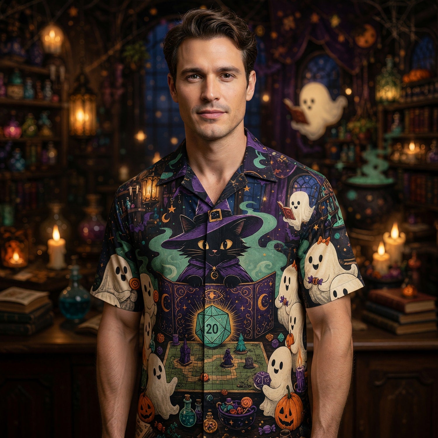 Halloween Wizard Cat Hawaiian Shirt - Spooky RPG Game Night