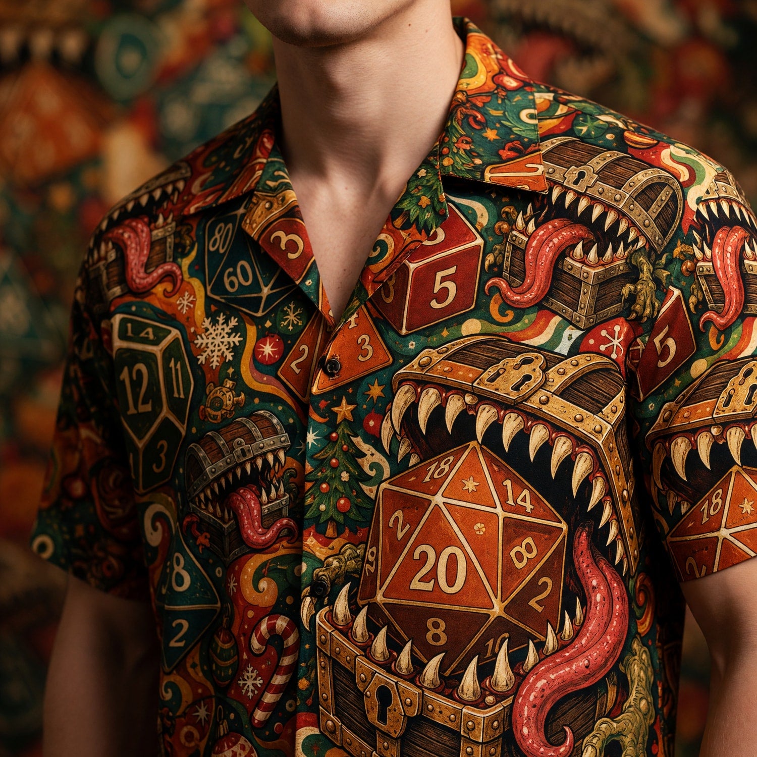 Christmas Mimic Hawaiian Shirt - RPG Dice Holiday Apparel