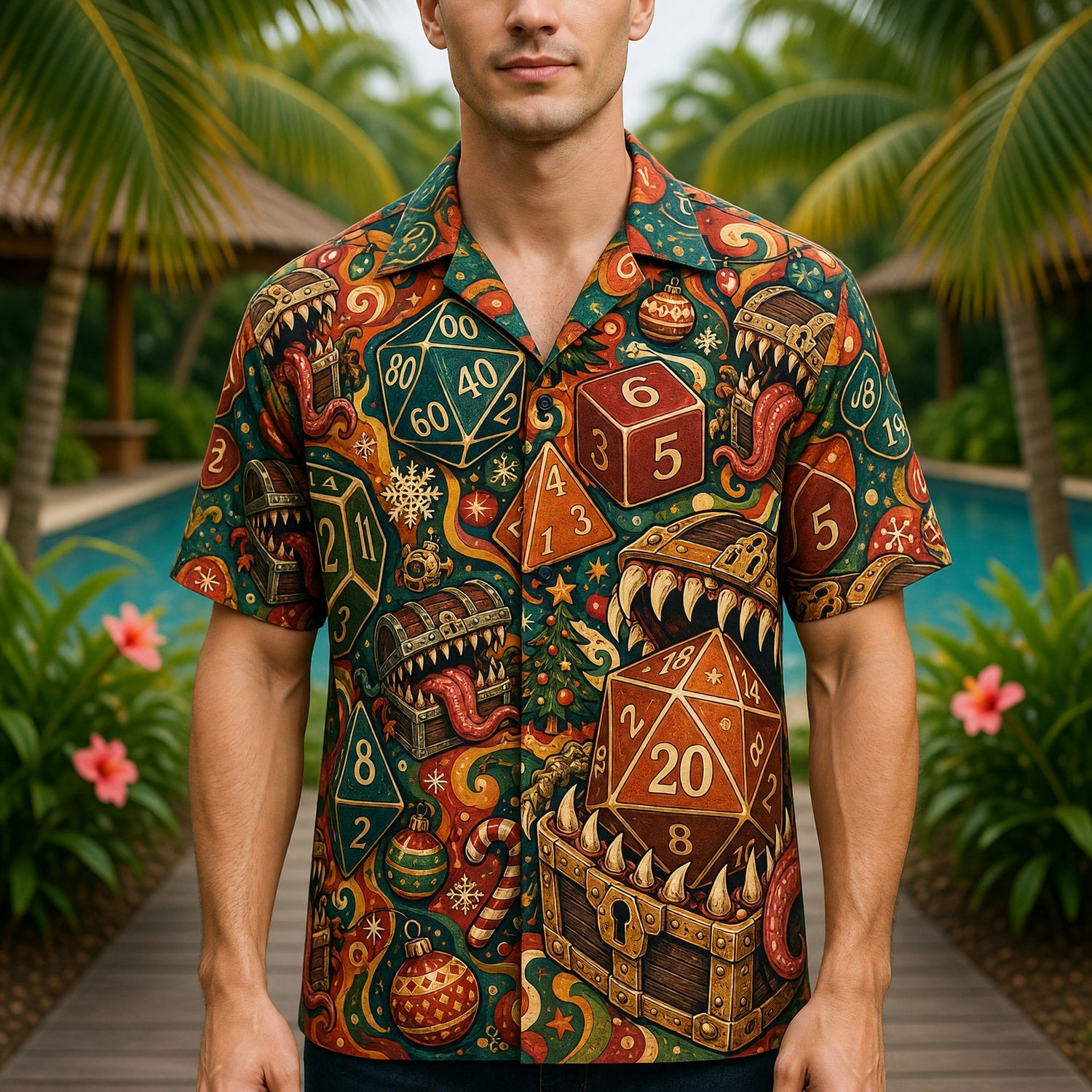 Christmas Mimic Hawaiian Shirt - RPG Dice Holiday Apparel