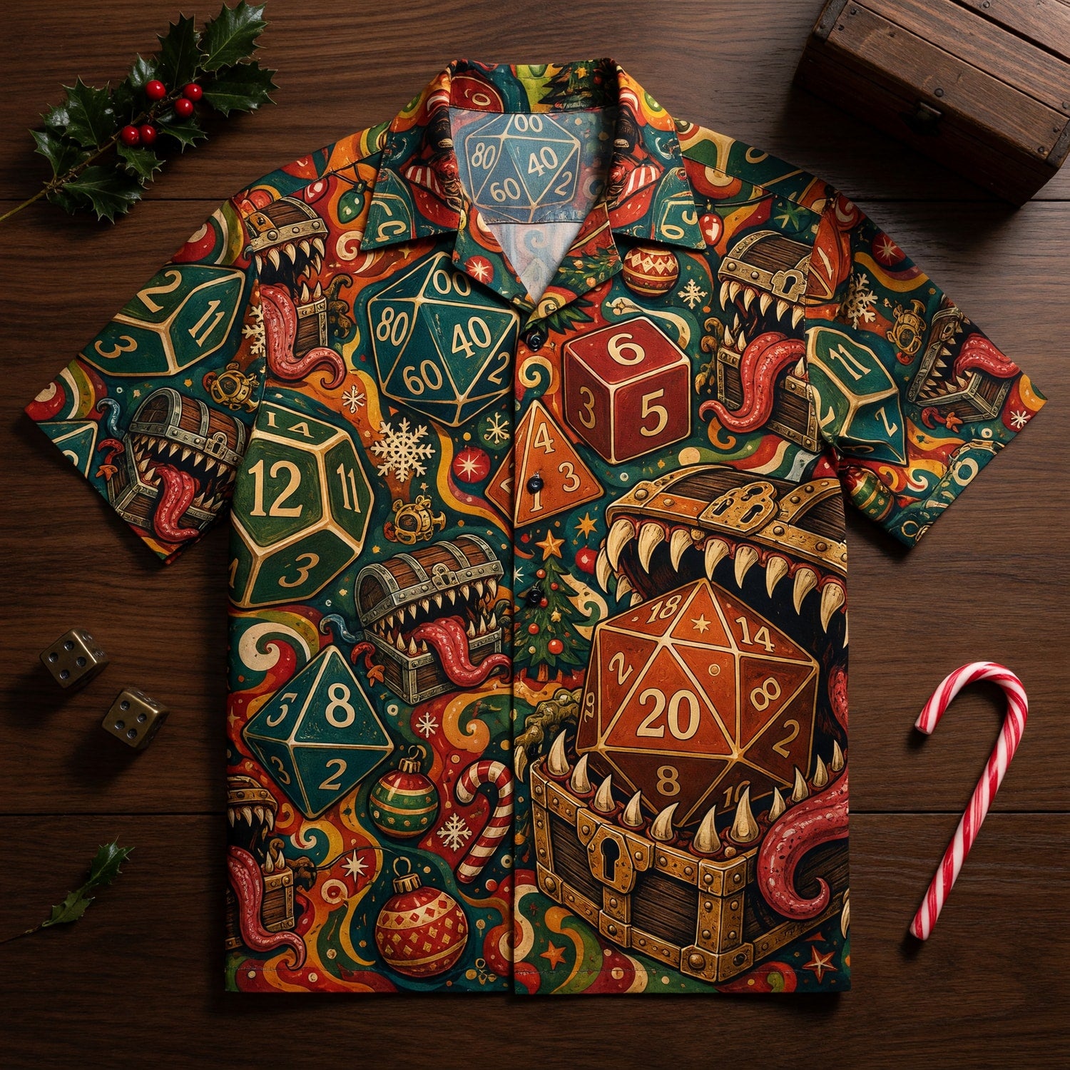Christmas Mimic Hawaiian Shirt - RPG Dice Holiday Apparel