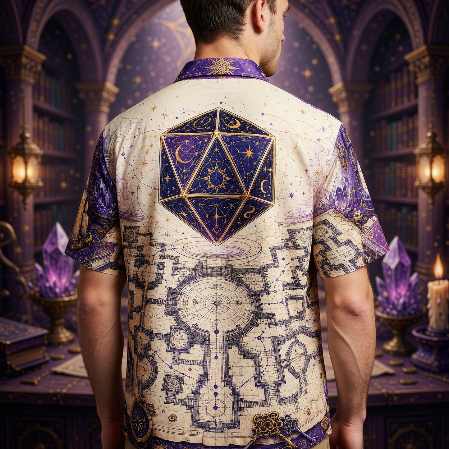 Celestial D20 Dice Hawaiian Shirt - Mystic Wizard Fantasy Apparel