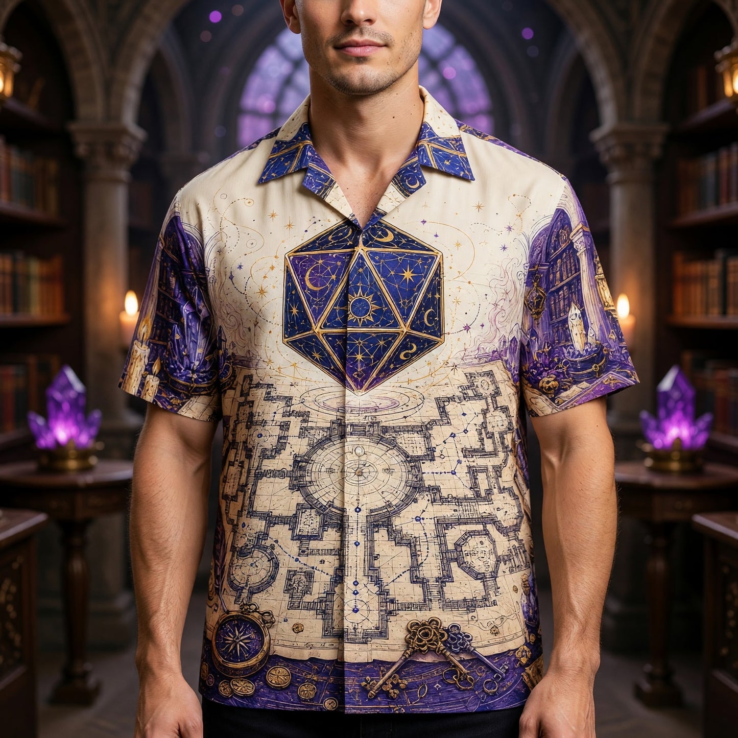 Celestial D20 Dice Hawaiian Shirt - Mystic Wizard Fantasy Apparel