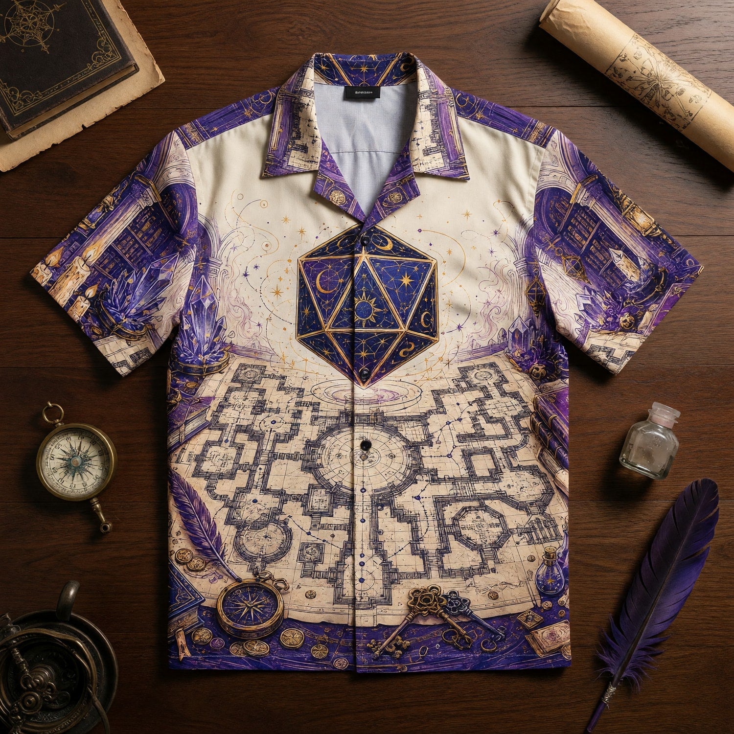 Celestial D20 Dice Hawaiian Shirt - Mystic Wizard Fantasy Apparel