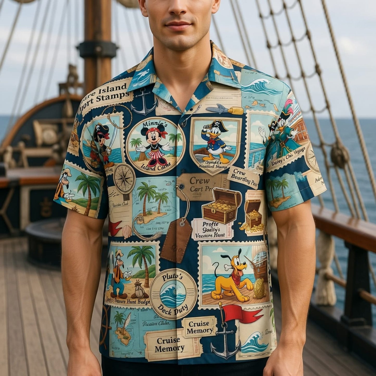 Pirate Hawaiian Shirt - Treasure Island Passport Stamp Art