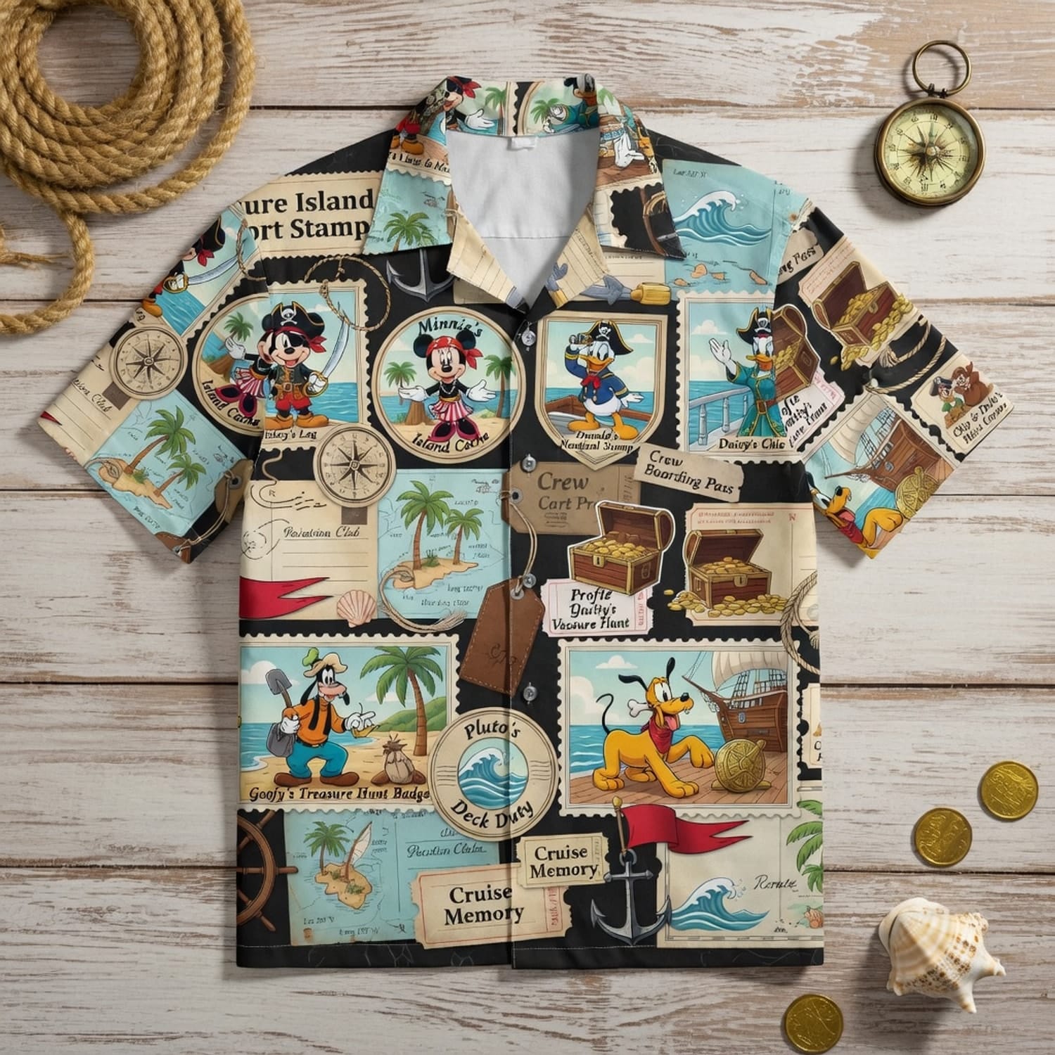 Pirate Hawaiian Shirt - Treasure Island Passport Stamp Art