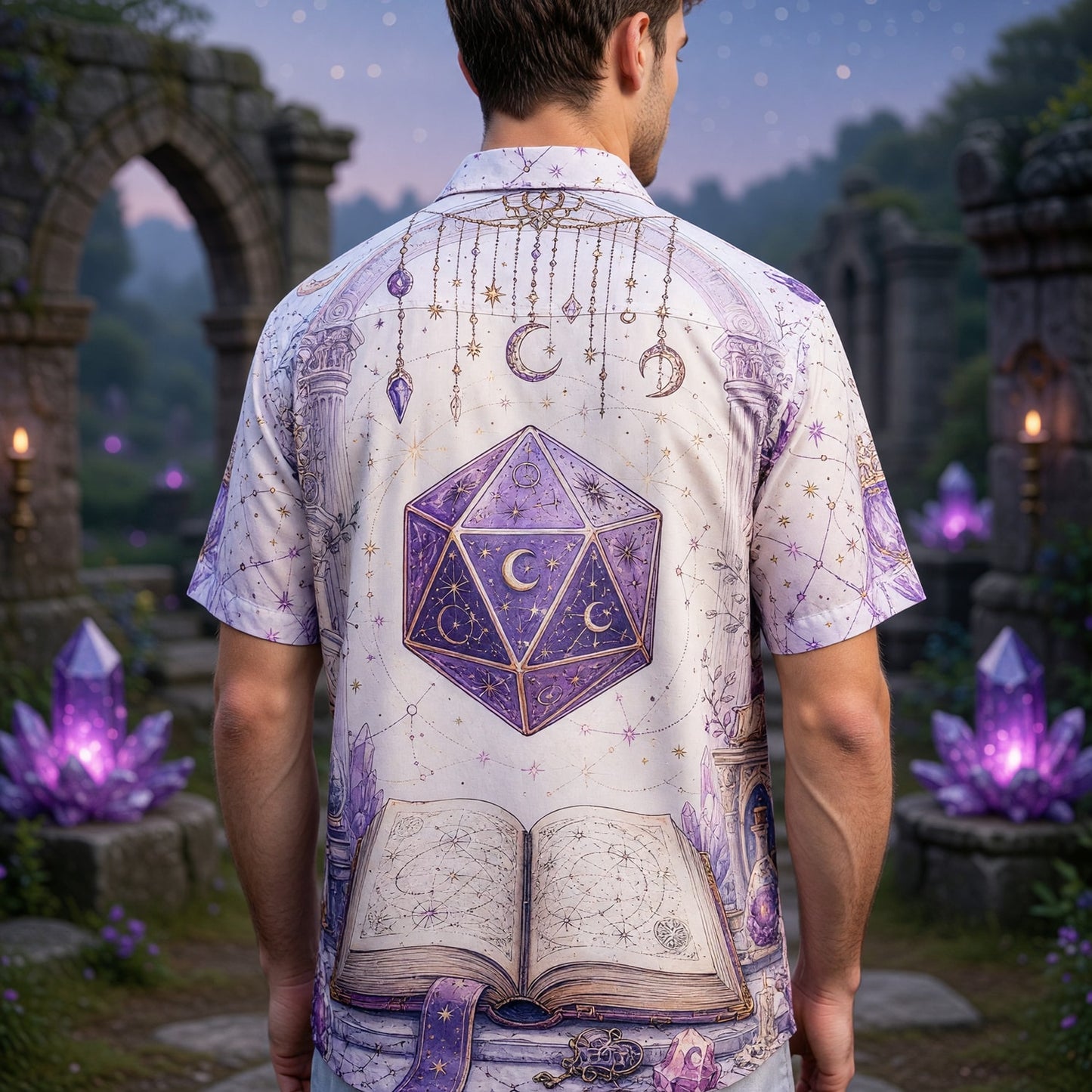 Celestial D20 Dice Hawaiian Shirt - Mystic Fantasy RPG Apparel