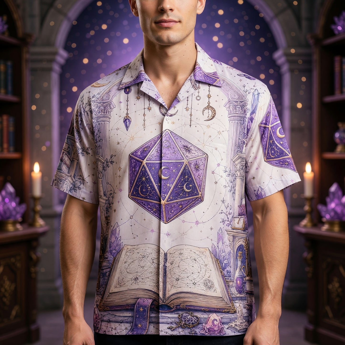 Celestial D20 Dice Hawaiian Shirt - Mystic Fantasy RPG Apparel