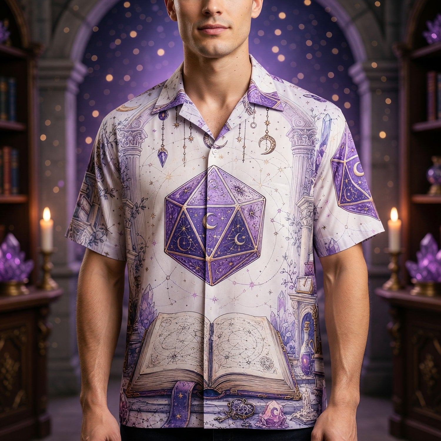 Celestial D20 Dice Hawaiian Shirt - Mystic Fantasy RPG Apparel