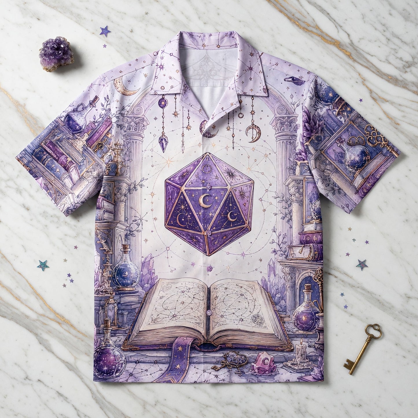 Celestial D20 Dice Hawaiian Shirt - Mystic Fantasy RPG Apparel