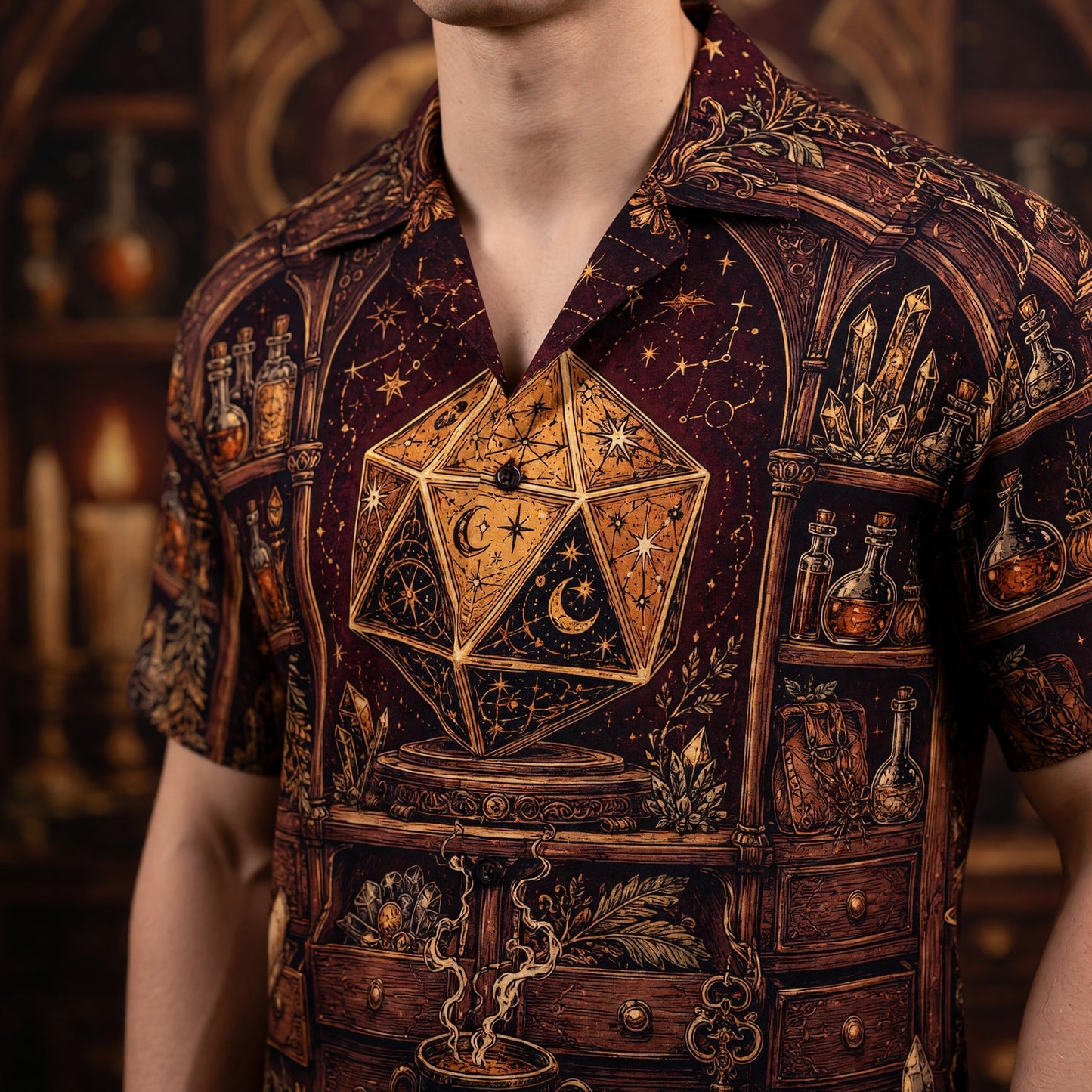 Mystic D20 Dice Hawaiian Shirt - Fantasy Wizard Occult Apparel