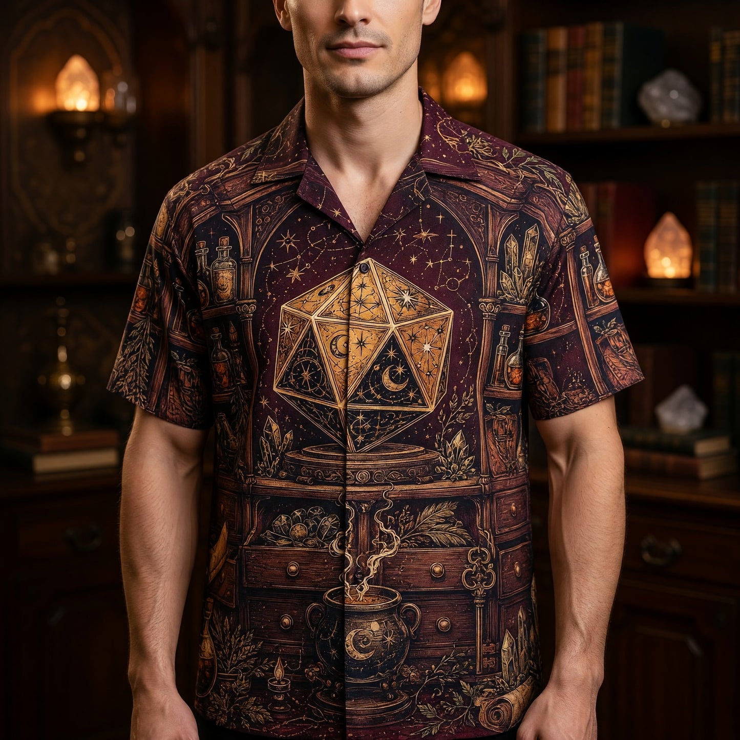 Mystic D20 Dice Hawaiian Shirt - Fantasy Wizard Occult Apparel