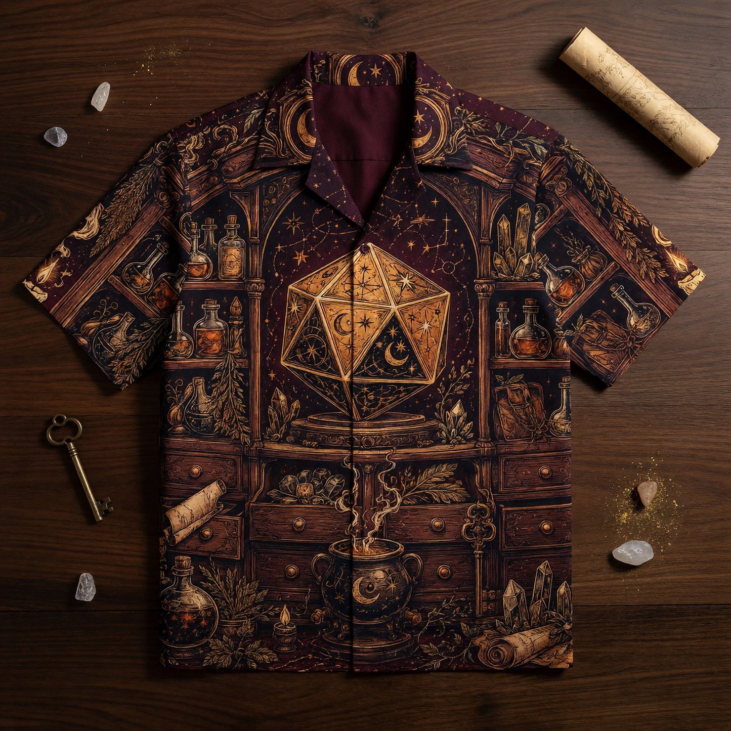 Mystic D20 Dice Hawaiian Shirt - Fantasy Wizard Occult Apparel