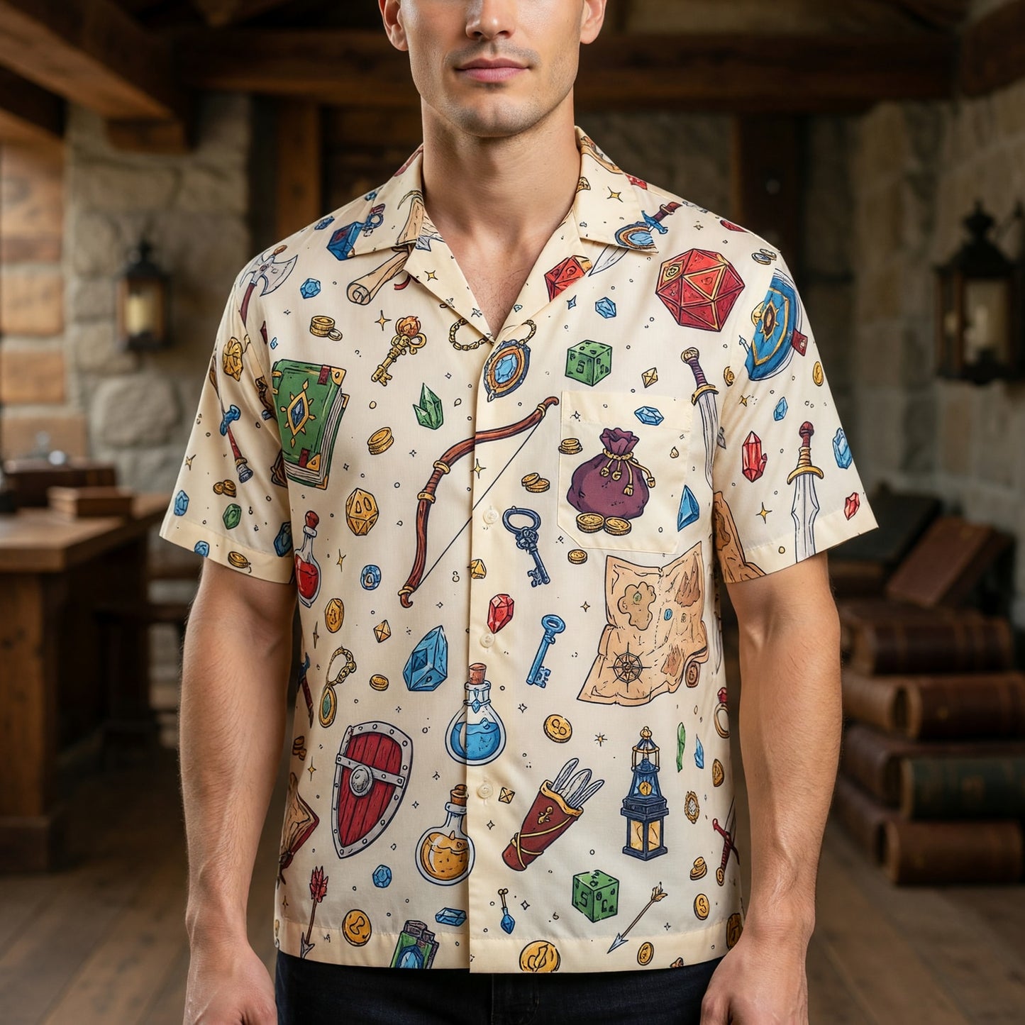 Fantasy Dungeon Hawaiian Shirt - Fantasy RPG Dice Loot Pattern