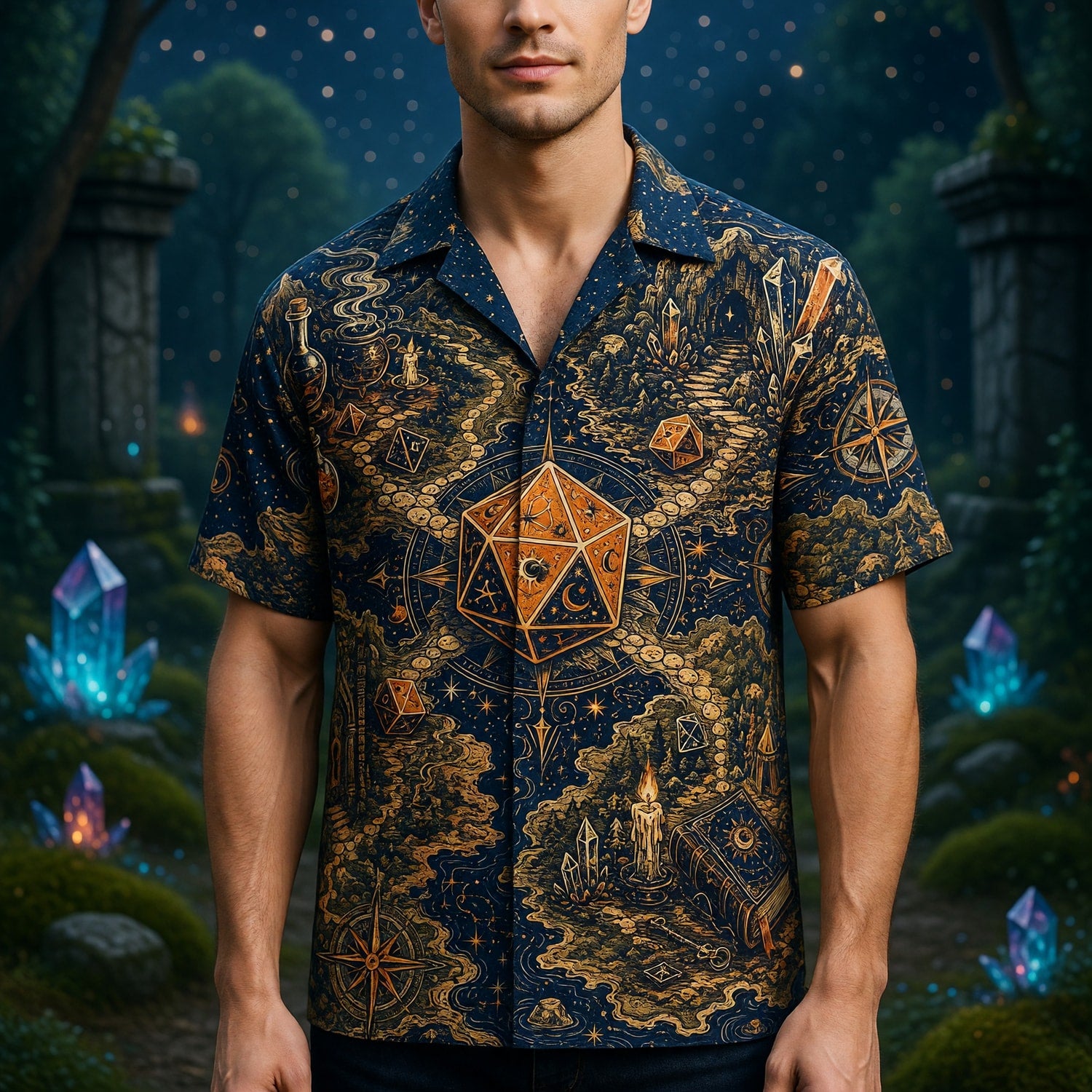 Celestial Dice Hawaiian Shirt - Fantasy RPG Map Adventure