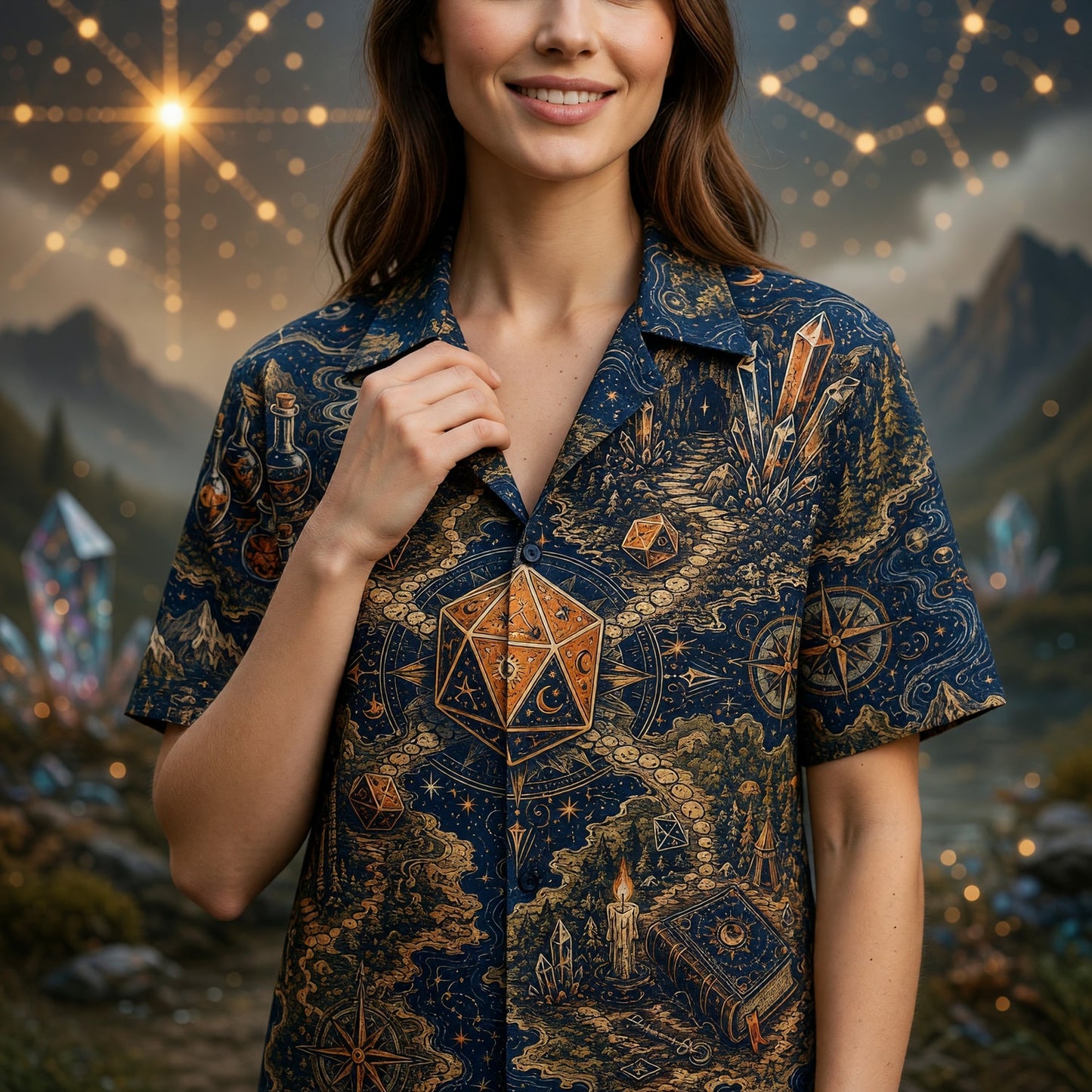 Celestial Dice Hawaiian Shirt - Fantasy RPG Map Adventure