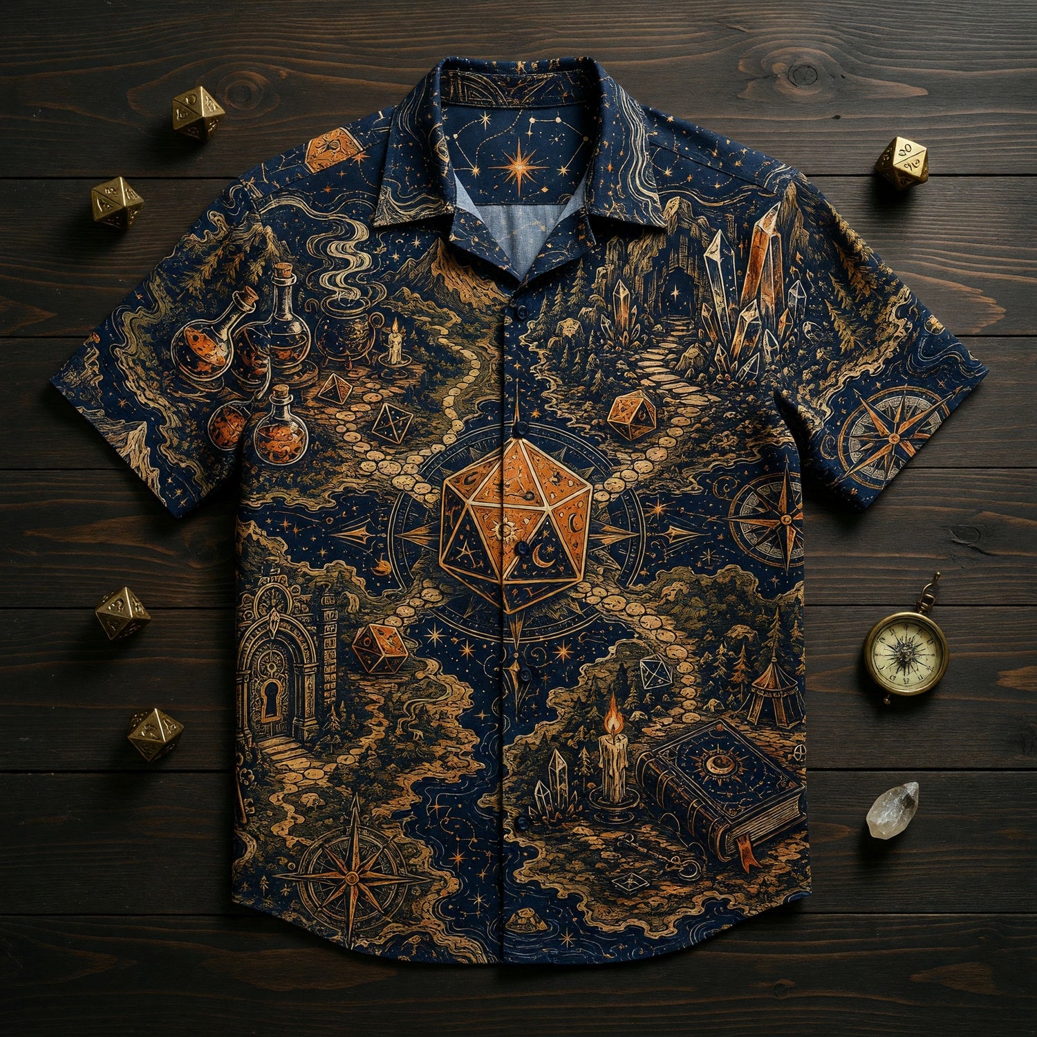 Celestial Dice Hawaiian Shirt - Fantasy RPG Map Adventure