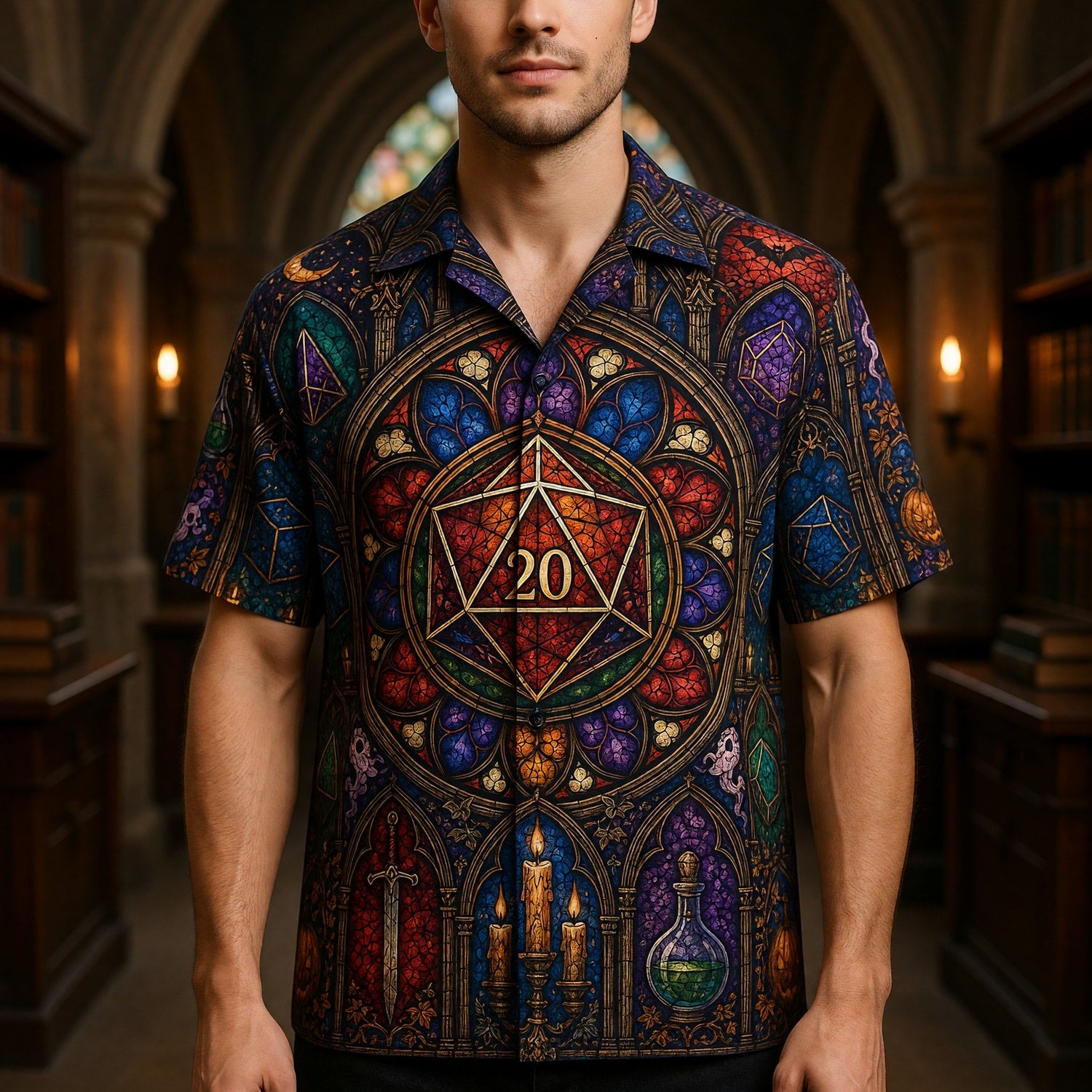 Fantasy Dungeon D20 Hawaiian Shirt - Halloween Gothic RPG Art