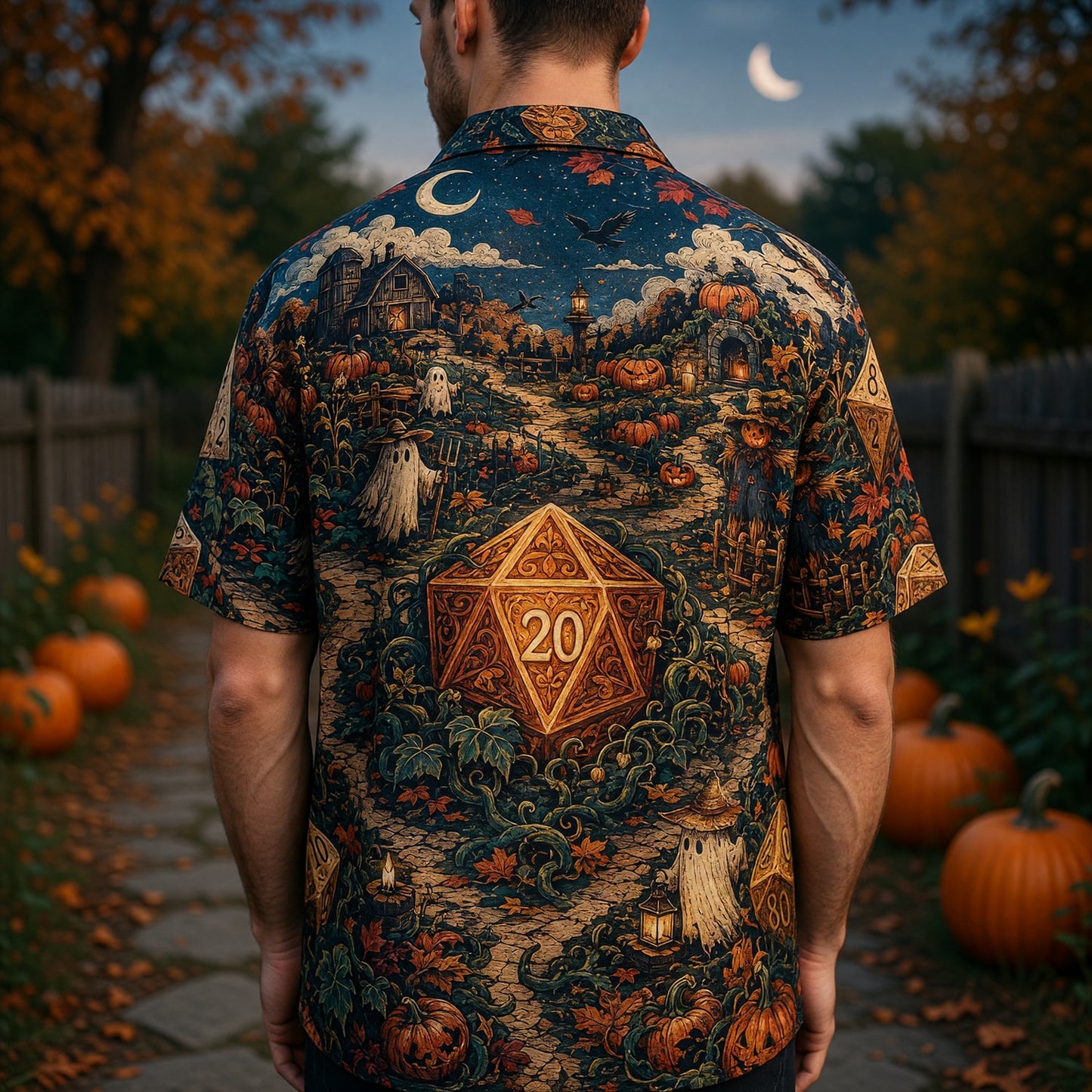 Halloween Hawaiian Shirt - Spooky RPG Dice Pumpkin Patch