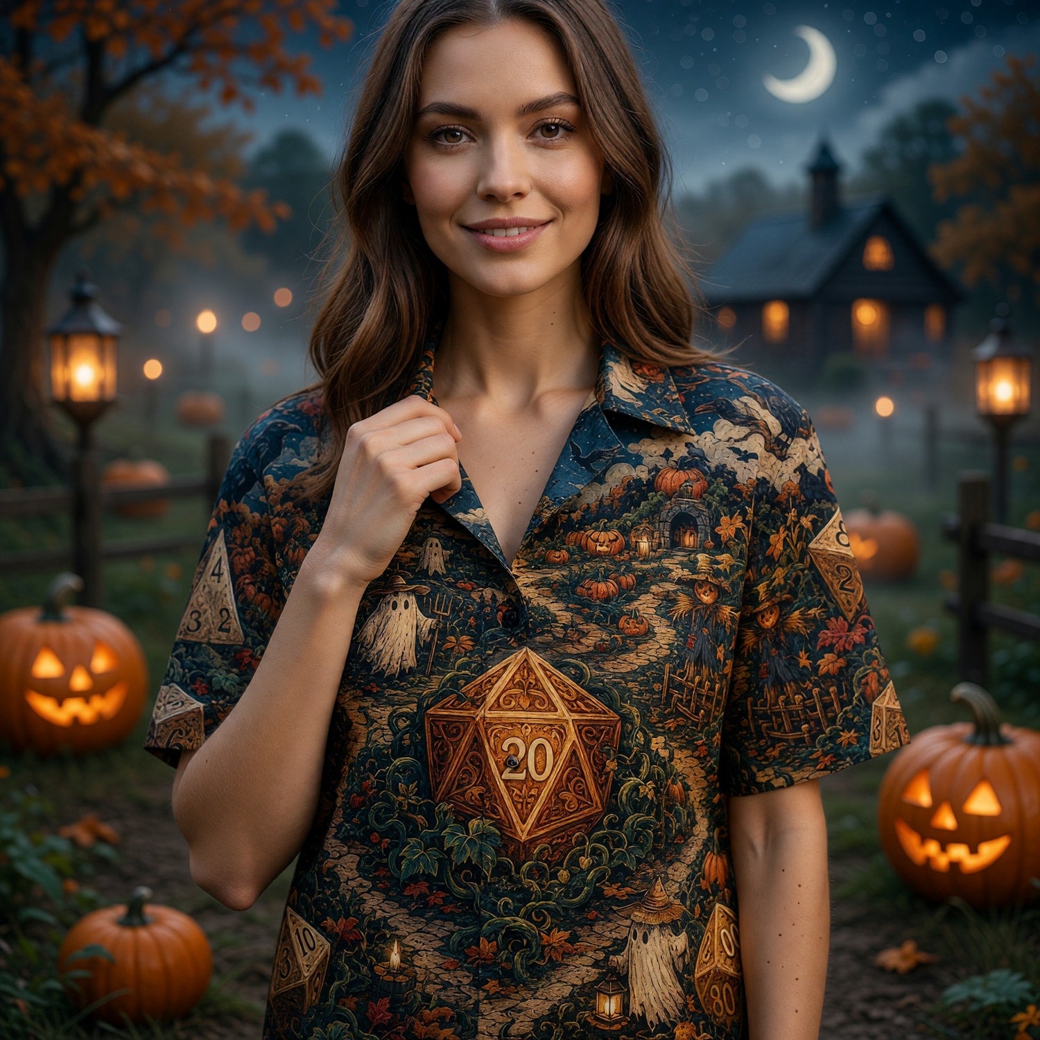 Halloween Hawaiian Shirt - Spooky RPG Dice Pumpkin Patch