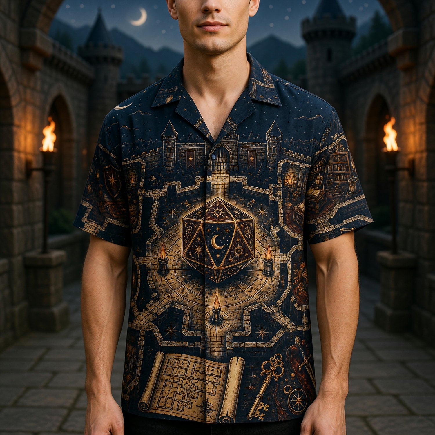 Fantasy Dungeon Hawaiian Shirt - D20 Fantasy Castle RPG Design