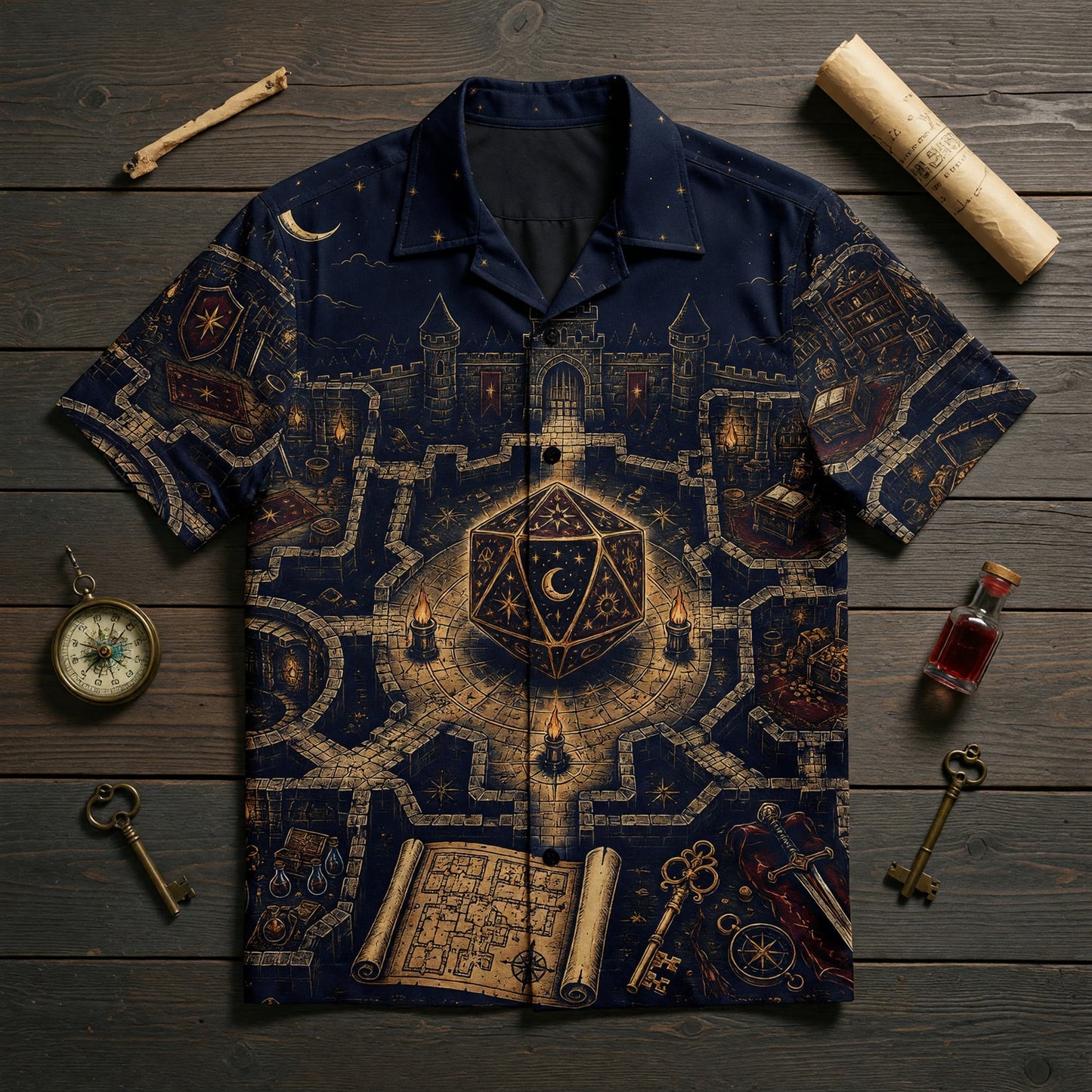 Fantasy Dungeon Hawaiian Shirt - D20 Fantasy Castle RPG Design