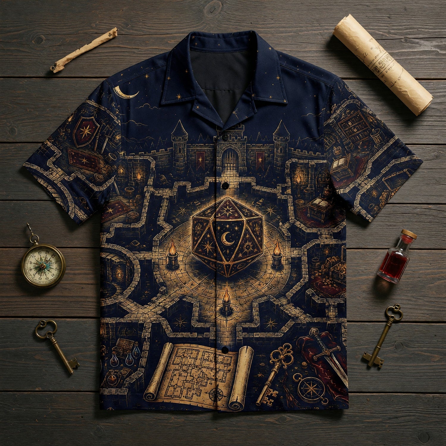 Fantasy Dungeon Hawaiian Shirt - D20 Fantasy Castle RPG Design