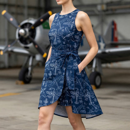 Vintage Airplane Blueprint Jumpsuit Skirt - Aviation Engineering Pattern