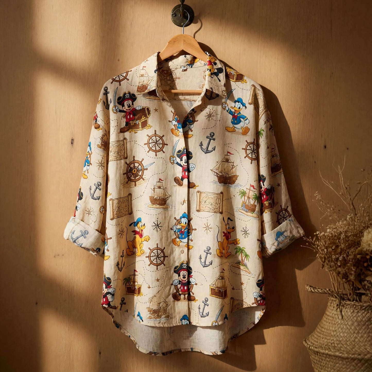 Pirate Mouse Linen Shirt - Cartoon Nautical Pattern Apparel