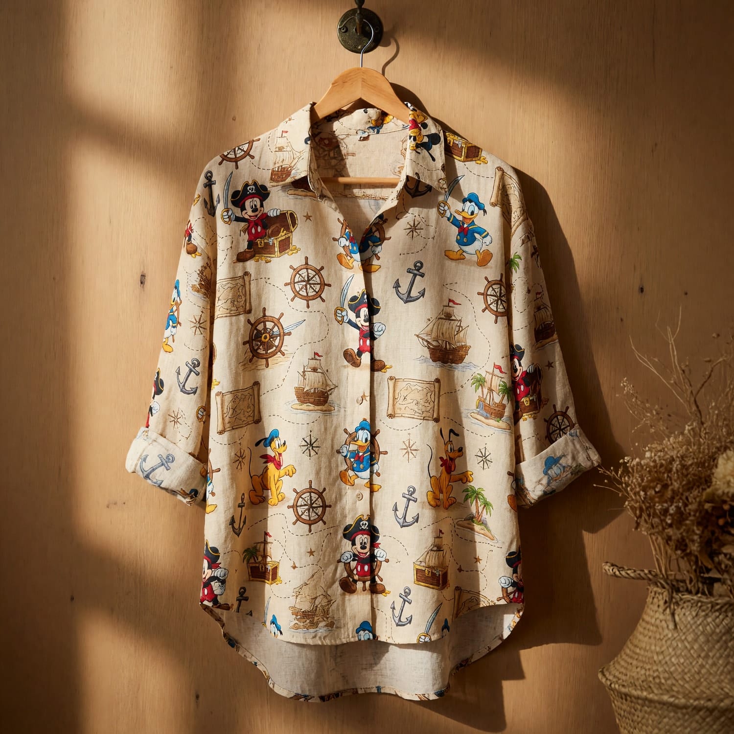 Pirate Mouse Linen Shirt - Cartoon Nautical Pattern Apparel