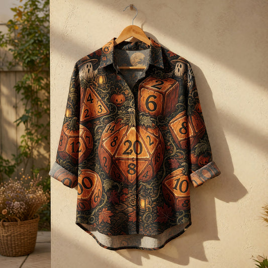Halloween Pumpkin Dice Linen Shirt - RPG Spooky Harvest Apparel