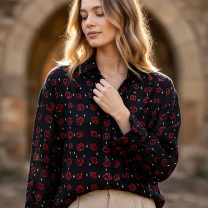 Polyhedral Dice Linen Shirt - Fantasy Tabletop RPG Pattern