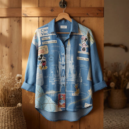Castle Park Linen Shirt - Vintage Castle Blueprint Vacation