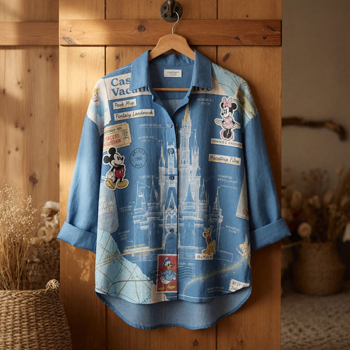 Castle Park Linen Shirt - Vintage Castle Blueprint Vacation