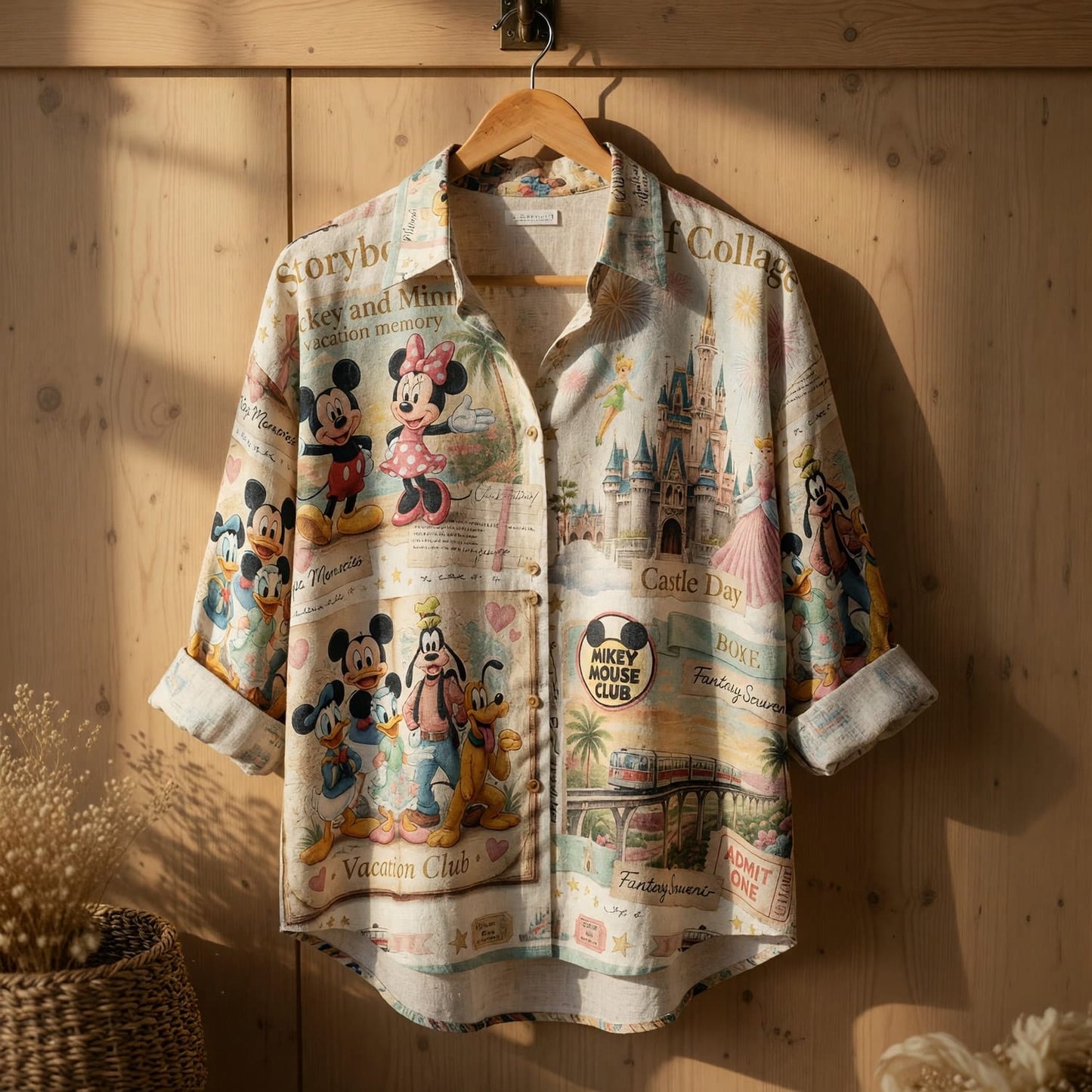 Mouse Vacation Linen Shirt - Storybook Resort Collage
