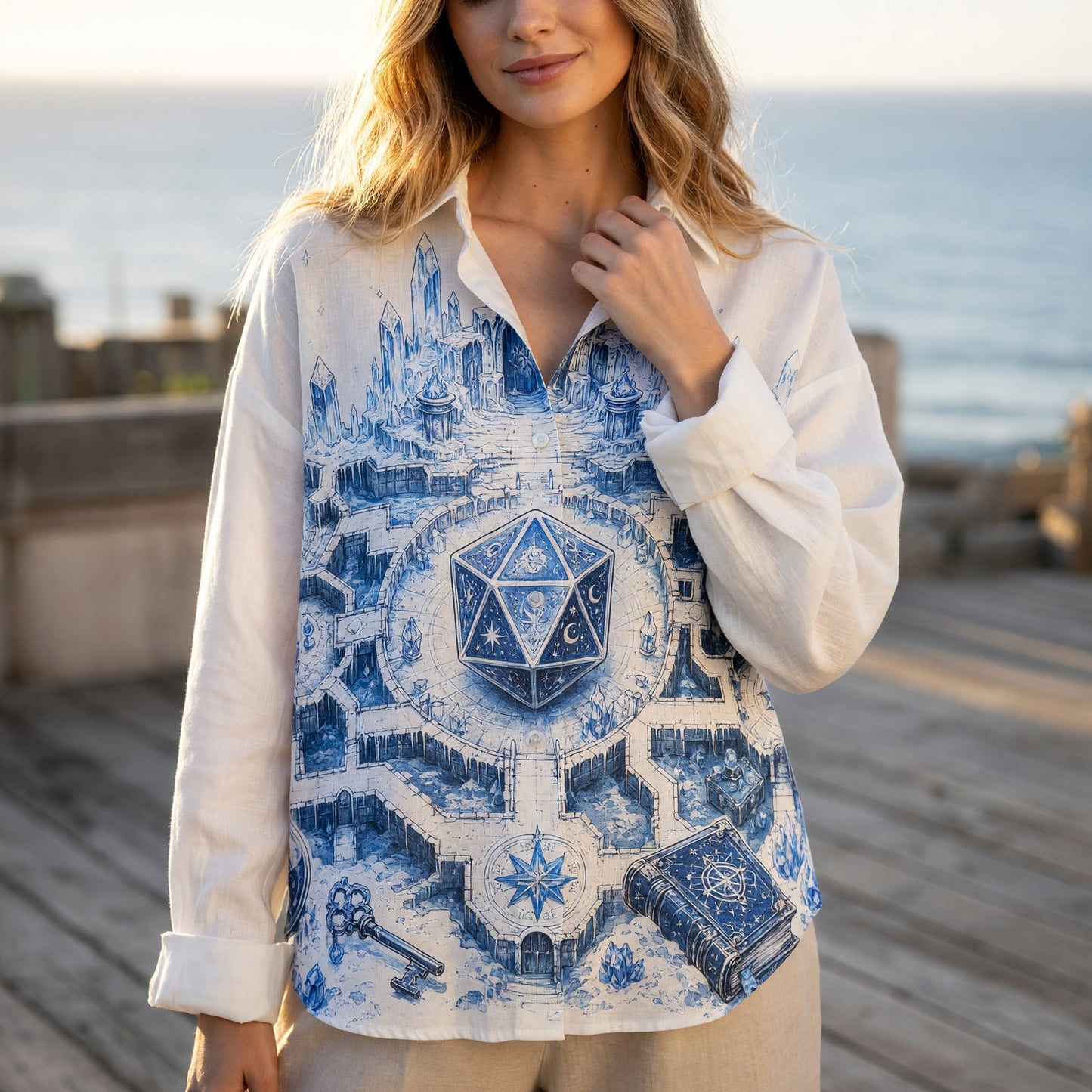 Ice Crystal D20 Linen Shirt - Fantasy Wizard Realm Apparel
