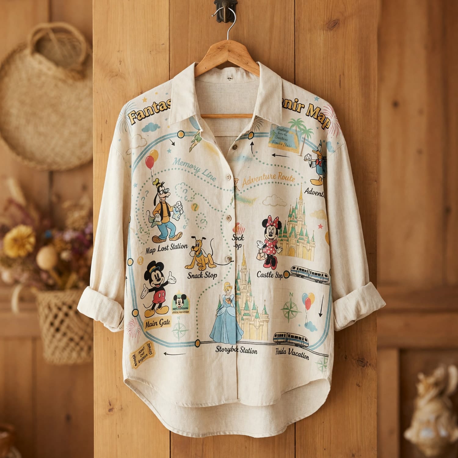 Theme Park Fantasy Transit Map Linen Shirt - Theme Park Souvenir Style