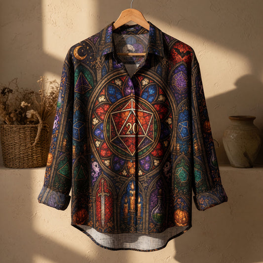 Fantasy Dungeon D20 Linen Shirt - Halloween Stained Glass Design