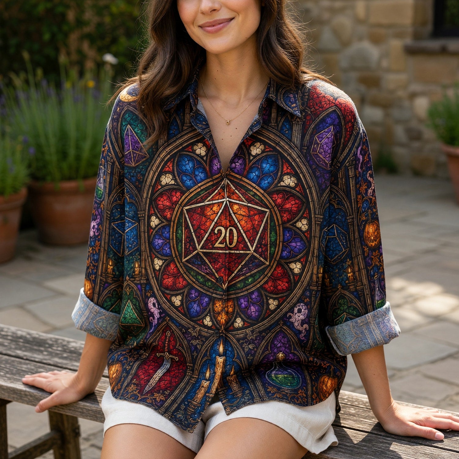 Fantasy Dungeon D20 Linen Shirt - Halloween Stained Glass Design