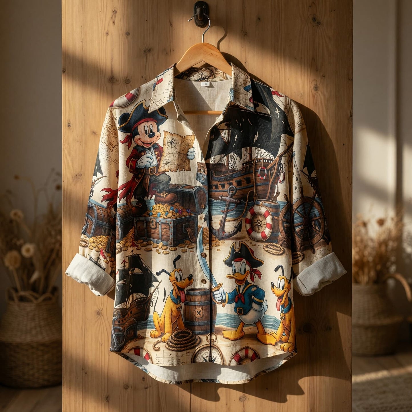Pirate Linen Shirt - Mouse Duck Treasure Map Beachwear