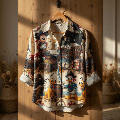 Pirate Linen Shirt - Mouse Duck Treasure Map Beachwear