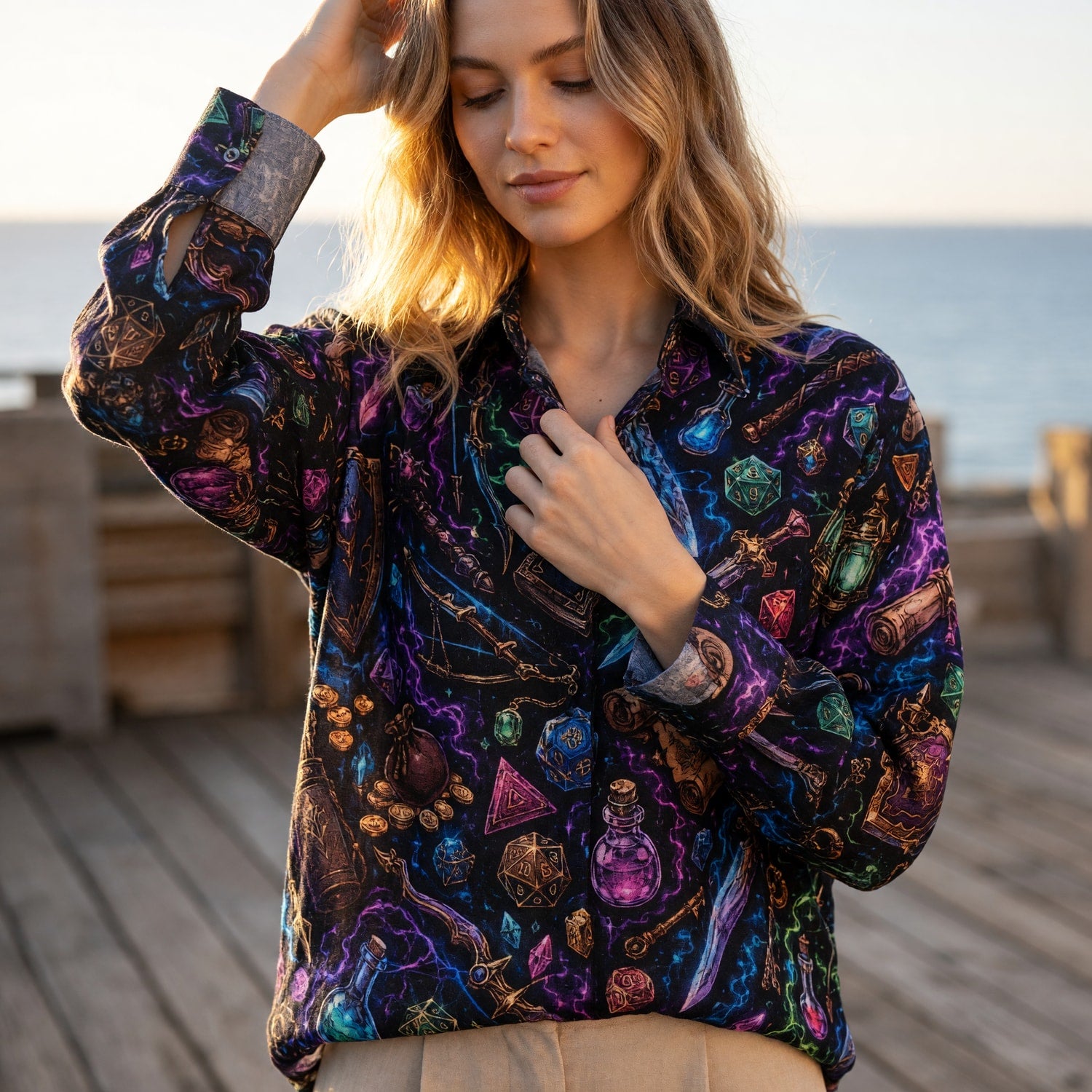 Magical Items Linen Shirt - Fantasy RPG Neon Pattern