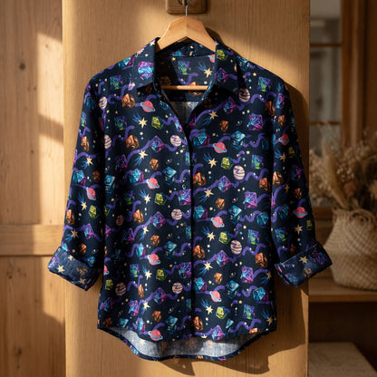 Cosmic Dice Linen Shirt - Space Galaxy RPG Gaming Apparel