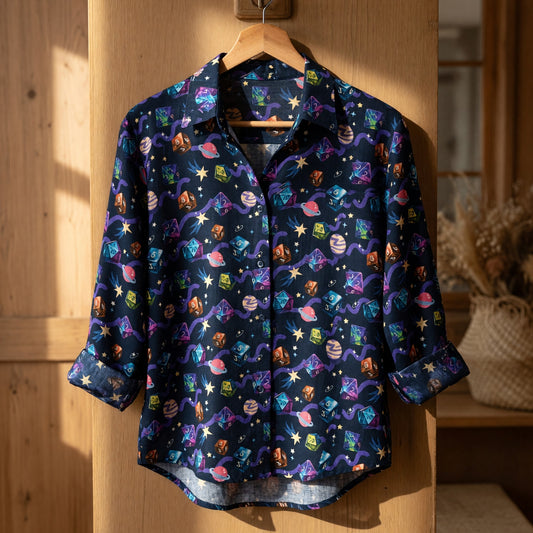Cosmic Dice Linen Shirt - Space Galaxy RPG Gaming Apparel