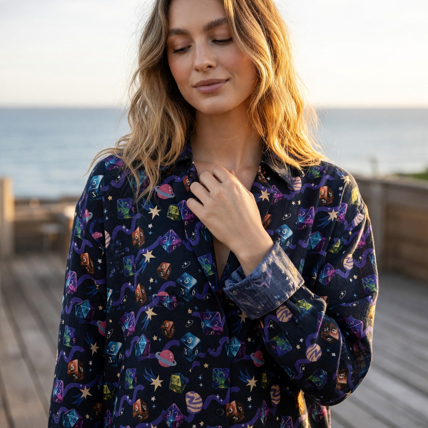 Cosmic Dice Linen Shirt - Space Galaxy RPG Gaming Apparel