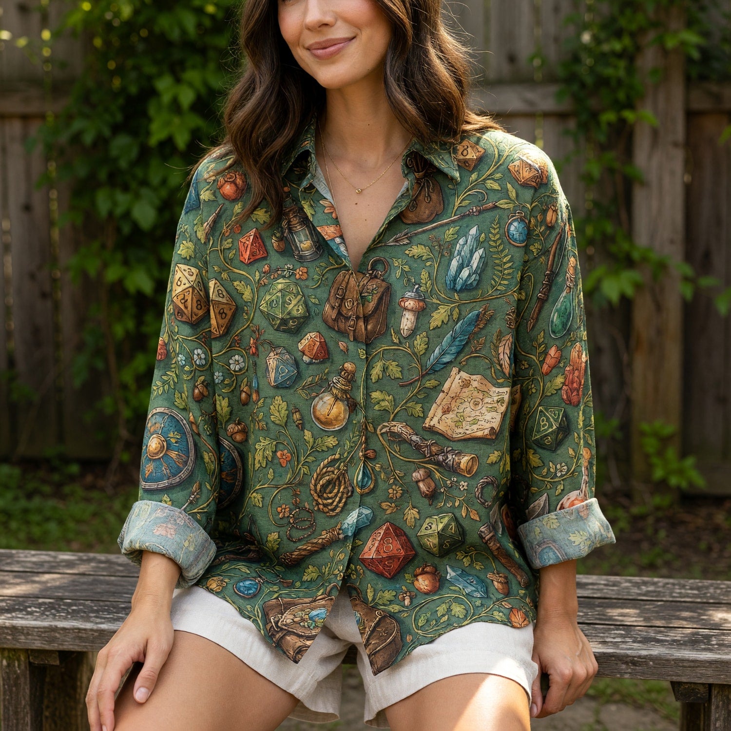 Fantasy Dungeon Linen Shirt - Fantasy Tabletop RPG Dice Pattern