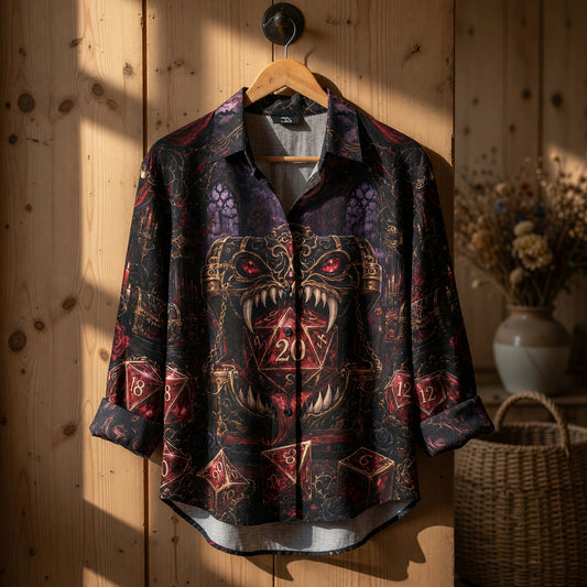Red Ruby D20 Linen Shirt - Gothic Mimic Chest RPG Dice