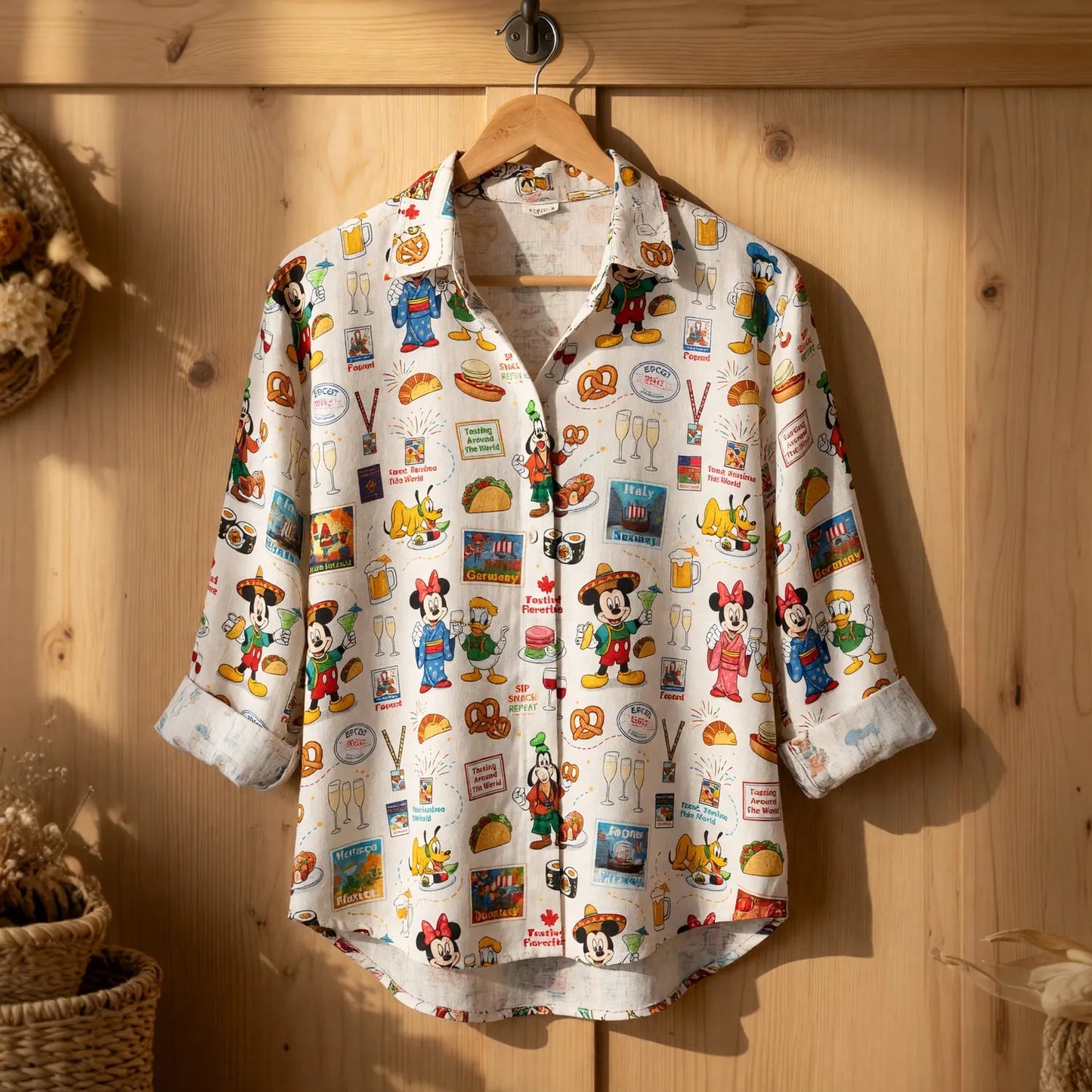 World Park Food & Wine Linen Shirt - Mouse Festival Pattern