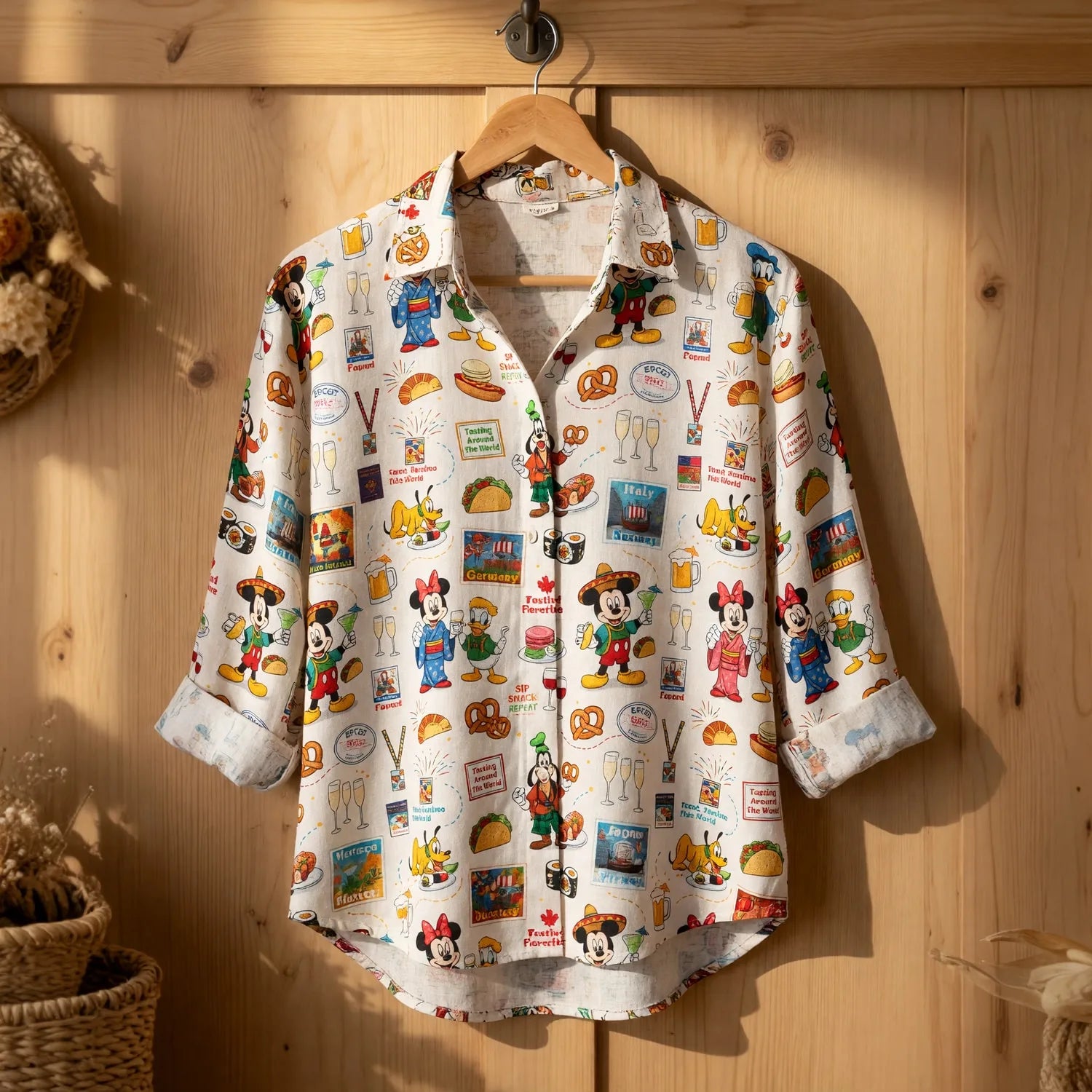 World Park Food & Wine Linen Shirt - Mouse Festival Pattern